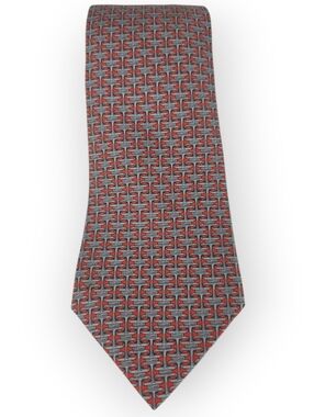 Hermès 100% Silk Necktie Interlocking Buckle Pattern Silver/ Orange Beautiful